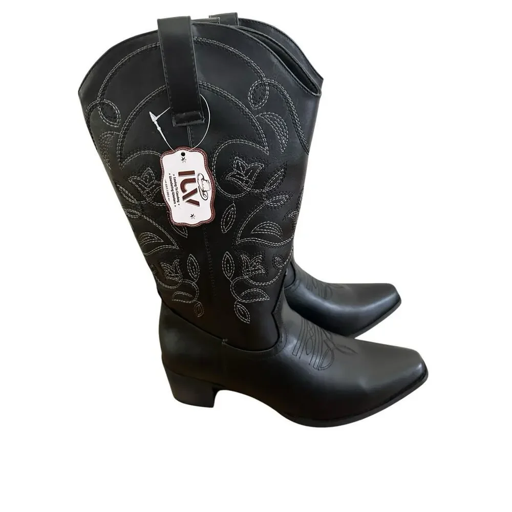 IUV Women’s Size 10 Black Leather Cowboy Cowgirl Boots Embroidered Pointy Toe